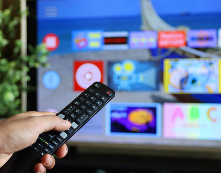 person holding a TV remote in front of a TV screen